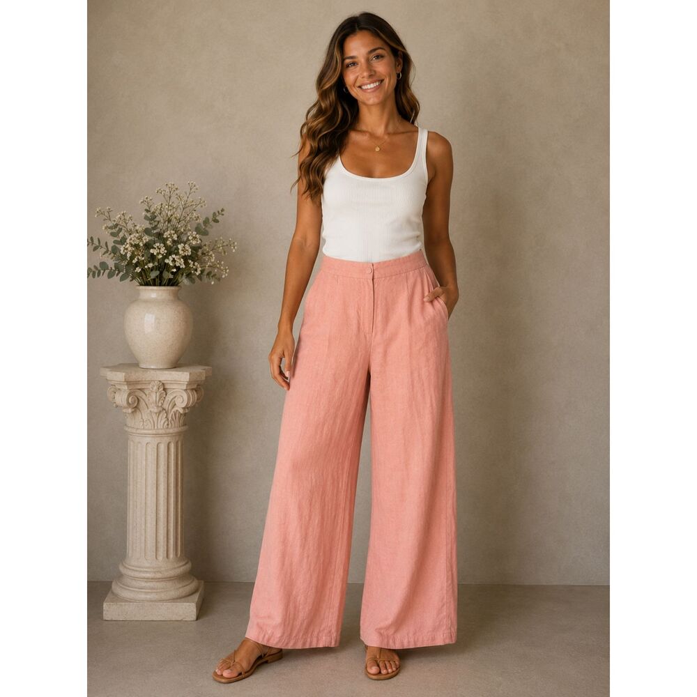 H&M Linen Blend Pink Wide Leg Coastal Preppy Vacation Ready Pants Size Plus 16